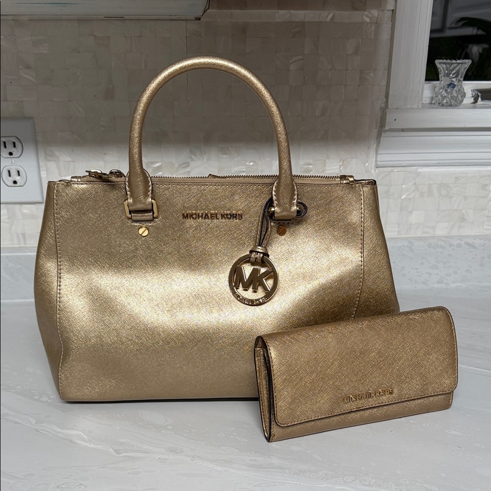 Michael Kors Shimmering Gold Satchel and Wallet